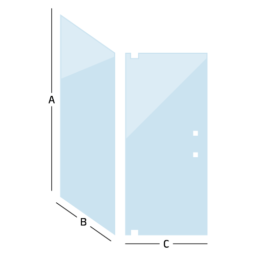 diagram drawing of a custom door with a 90 degree or 45 degree panel, with measurement direction
