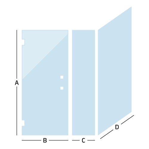 diagram drawing of a custom inline door with a panel and a 90 degree panel, with measurement direction