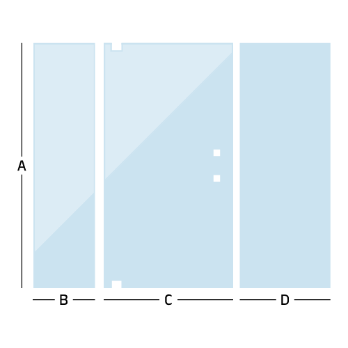diagram drawing of a custom inline swing door with panels, with measurement direction