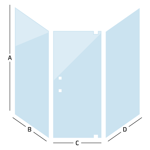 diagram drawing of a custom neo angle door and panels, with measurement direction