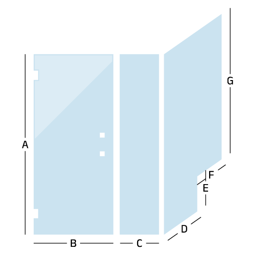 diagram drawing of a custom door with a panel and a 90 degree notched panel, with measurement direction