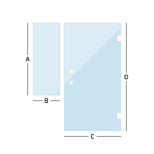 diagram drawing of a custom inline door with a half panel, with measurement direction