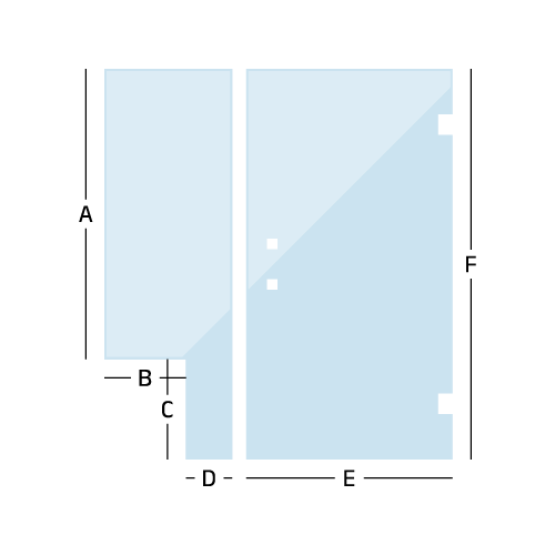 diagram drawing of a custom inline door with a notched panel, with measurement direction