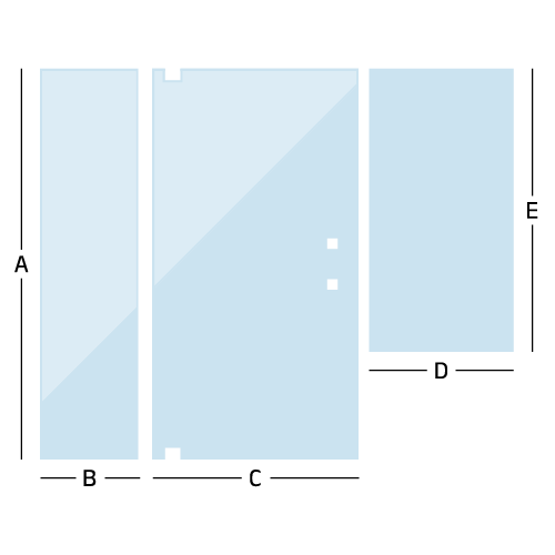 diagram drawing of a custom inline door with a panel and a half panel, with measurement direction