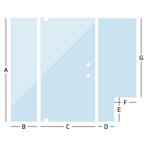 diagram drawing of a custom inline door with a panel and notched panel, with measurement direction